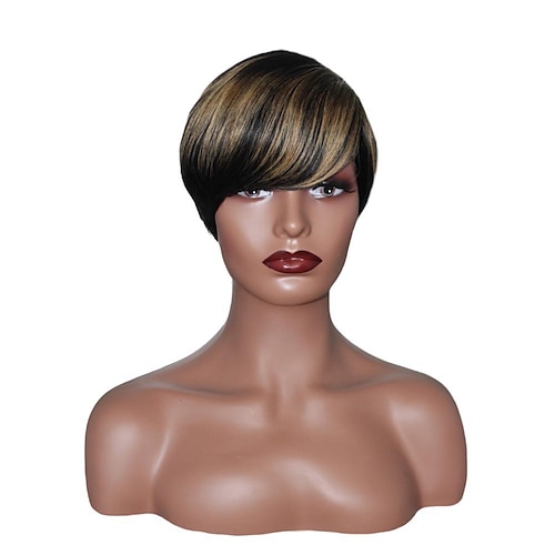 

Honey Blonde Ombre Color Brazilian Hair Bob Wig With Bangs Pixie Cut Straight Machine Made Human Hair Wigs For Women