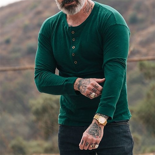 

Men's T shirt Tee Hot Stamping Solid Color Crew Neck Street Daily Button-Down Long Sleeve Tops Designer Casual Fashion Comfortable Green