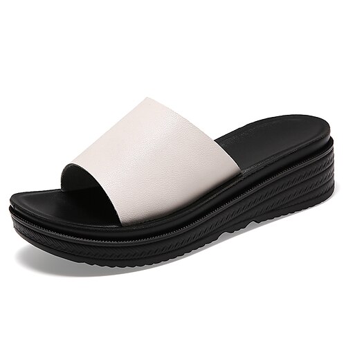 

Women's Slippers Work Daily Outdoor Slippers Summer Low Heel Round Toe Casual Sweet Walking Shoes PU Leather Loafer Black Beige White