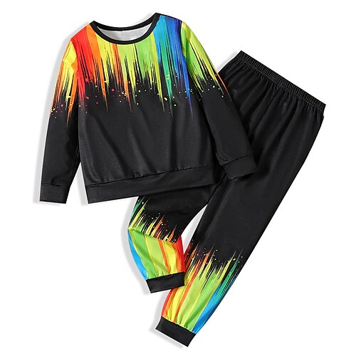 

2 Pieces Kids Boys Sweatshirt & Pants Clothing Set Outfit Gradient Ramp Long Sleeve Print Set Outdoor Sports Fashion Cool Winter Fall 3-12 Years Rainbow