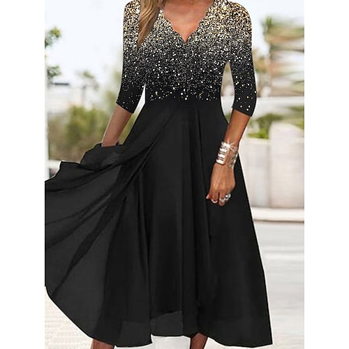 

Women's Party Dress Casual Dress Holiday Dress Midi Dress Black 3/4 Length Sleeve Color Gradient Ruched Summer Spring Fall V Neck Fashion Party Summer Dress Evening Party 2023 S M L XL 2XL 3XL