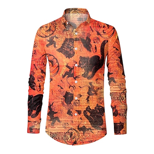 

Men's Shirt Graphic Shirt Pumpkin Turndown Orange 3D Print Outdoor Halloween Long Sleeve Button-Down Print Clothing Apparel Vintage Cool Designer Casual