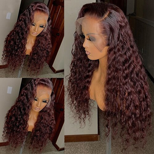 

Remy Human Hair 13x4 Lace Front Wig Free Part Brazilian Hair Water Wave Burgundy Wig 130% 150% Density with Baby Hair Natural Hairline 100% Virgin Glueless Pre-Plucked For Women wigs for black women