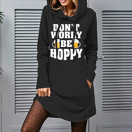 

Women's Shift Dress Short Mini Dress Black Long Sleeve Letter Pocket Print Fall Winter Hooded Casual 2022 S M L XL XXL 3XL