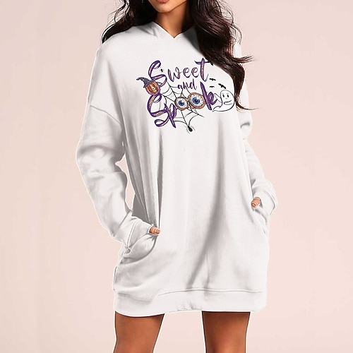 

Women's Pullover Hoodie Dress Streetwear Long Pocket Print Red White Pumpkin Text Eye Halloween Hooded Long Sleeve S M L XL XXL