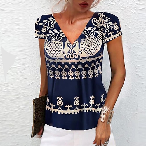 

Women's T shirt Tee Graphic Casual Weekend Painting T shirt Tee Short Sleeve Print V Neck Basic Ethnic Black Blue S / 3D Print