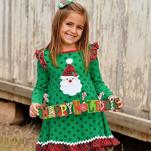 

Kids Girls' Ugly Christmas Dress Polka Dot A Line Dress Asymmetrical Dress Daily Cotton Long Sleeve Princess Dress 2-6 Years Winter Green