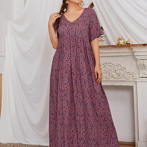 

kvinners pluss størrelse fritidskjole floral v-hals print kortermet vår høst casual maxi lang kjole uformell hverdagskjole