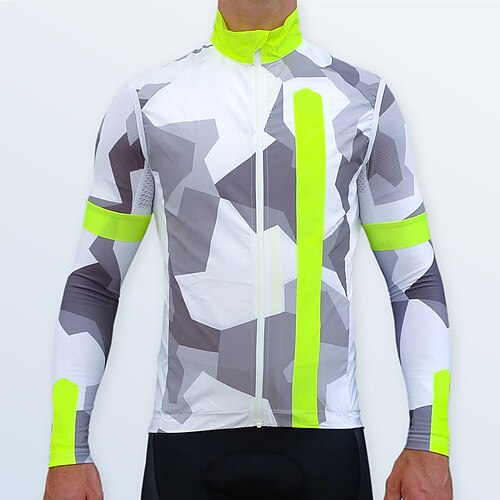 

21Grams Men's Cycling Jersey Long Sleeve Bike Top with 3 Rear Pockets Mountain Bike MTB Road Bike Cycling Breathable Quick Dry Moisture Wicking Reflective Strips White Green Blue Stripes Camo