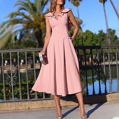 

A-Line Prom Dresses Elegant Dress Formal Tea Length Sleeveless V Neck Stretch Fabric with Ruched Ruffles 2022