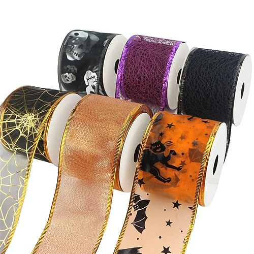 

24 Colors 6 Yard Halloween Pumpkin Bat Ghost Silk Ribbon for Gift Decoration Party 3/5 Inch Width 6 Roll