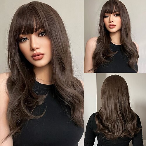 

HAIRCUBE Long Brown Natural Wavy Wigs With Bangs for Women Classic Hair Color