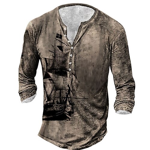 

Men's T shirt Tee Henley Shirt Tee Graphic Henley Yellow Brown Long Sleeve 3D Print Sailboat Plus Size Outdoor Daily Button-Down Print Tops Basic Designer Classic Comfortable / Sports