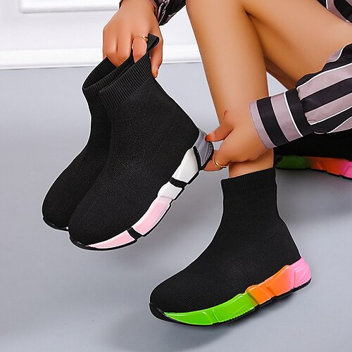 

Women's Boots Plus Size Flyknit Shoes Daily Flat Heel Round Toe Sporty Casual Tissage Volant Loafer Solid Colored Pink Green