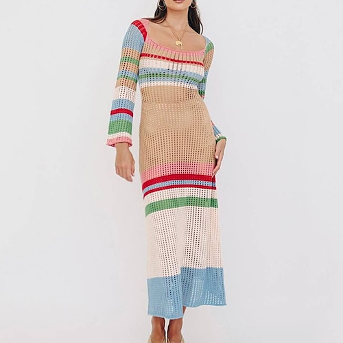 

Women's Sweater Jumper Dress Sheath Dress Midi Dress White Black Pink Khaki Light Blue Long Sleeve Striped Color Block Hollow Out Knit Fall Winter Square Neck Casual Vacation Modern Slim 2022 M L XL