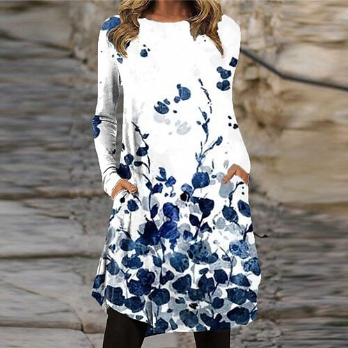 

Women's Shift Dress Knee Length Dress White Blue Long Sleeve Floral Pocket Print Fall Winter Crew Neck Casual Vacation 2022 S M L XL XXL 3XL