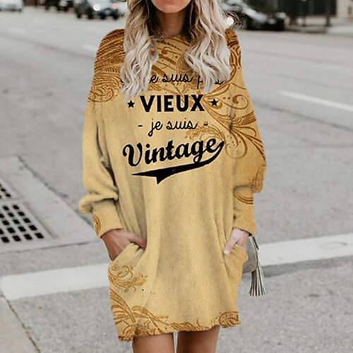 

Women's Shift Dress Short Mini Dress Yellow Long Sleeve Floral Letter Print Fall Winter Hooded Casual Fashion 2022 S M L XL XXL 3XL