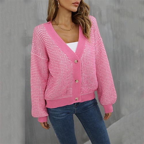 

Women's Cardigan Sweater Jumper Cable Knit Knitted Patchwork Color Block V Neck Stylish Casual Daily Holiday Fall Winter Pink Khaki S M L / Long Sleeve