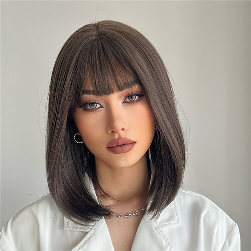 

Synthetic Wig Straight With Bangs Machine Made Wig Medium Length Dark Brown Synthetic Hair Women's Soft Party Easy to Carry Dark Brown / Daily Wear / Party / Evening / Daily
