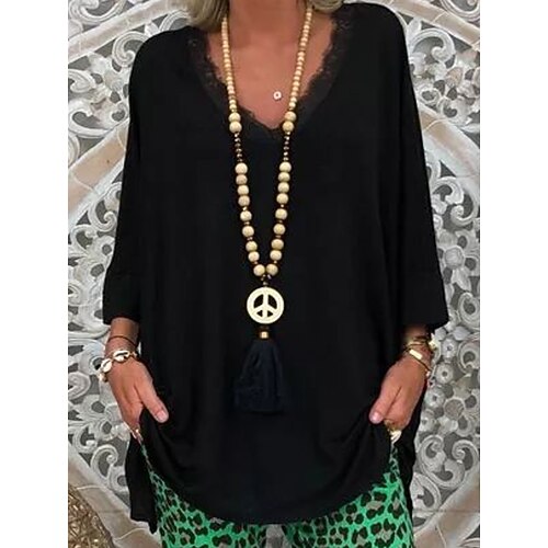 

Women's Plus Size Tops Blouse Plain 3/4 Length Sleeve V Neck Casual Vacation Weekend Polyester Fall Spring Black