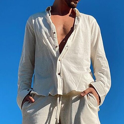 

Men's Shirt Solid Color Turndown Street Daily Button-Down Long Sleeve Tops Casual Fashion Comfortable White / Beach