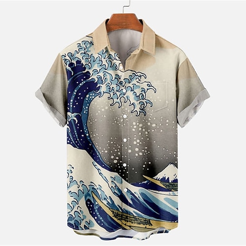 

Men's Shirt 3D Print Waves Turndown Street Casual Button-Down Print Short Sleeves Tops Designer Casual Fashion Breathable Khaki / Summer
