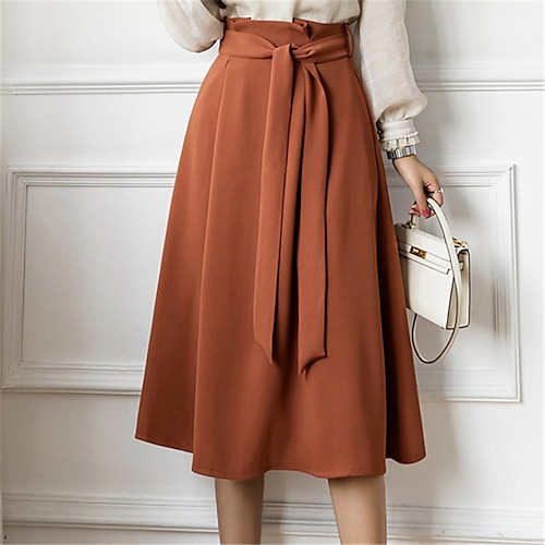 

Women's Skirt A Line Knee-length Polyester Brown Black Skirts Spring & Fall Ruched Pocket Belt Included Elegant Office / Career Daily S M L