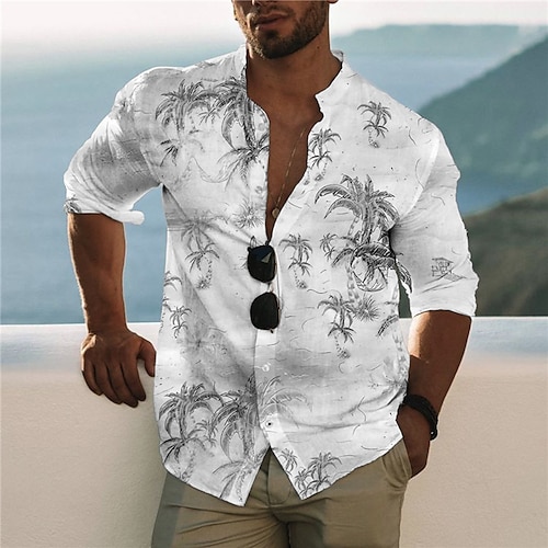 

Men's Shirt Coconut Tree Stand Collar Gray Long Sleeve 3D Print Outdoor Casual Button-Down Print Tops Fashion Designer Casual Comfortable / Sports