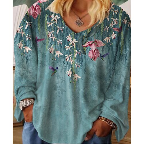 

Women's Plus Size Tops T shirt Tee Floral Print Long Sleeve V Neck Streetwear Daily Vacation Cotton Spandex Jersey Fall Spring Green