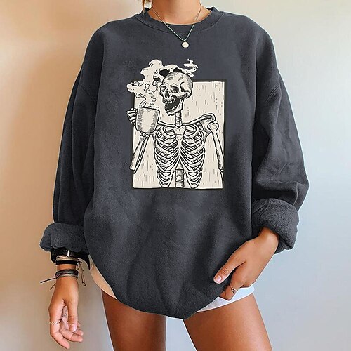 

Women's Sweatshirt Pullover Crew Neck Skull Skeleton Print Halloween Weekend Hot Stamping Active Casual Clothing Apparel Hoodies Sweatshirts Black Dark Grey