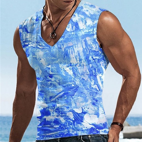 

Men's Unisex Undershirt Gradient Graphic Prints Crew Neck Blue 3D Print Outdoor Street Sleeveless Print Clothing Apparel Sports Casual Big and Tall / Summer / Summer