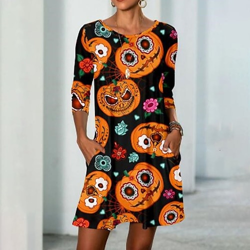 

Women's T Shirt Dress Tee Dress Shift Dress Short Mini Dress Orange 3/4 Length Sleeve Floral Print Pumpkin Pocket Print Fall Winter Crew Neck Casual Modern Loose 2022 S M L XL XXL / Casual Dress