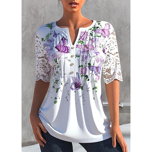 

Women's Plus Size Curve Tops T shirt Tee Floral Butterfly Ruched Print Half Sleeve V Neck Basic Vacation Weekend Cotton Spring Summer White