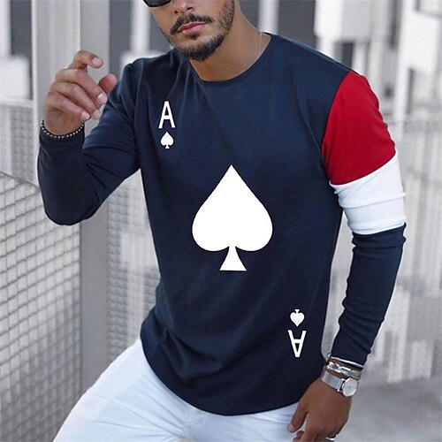 

Men's Unisex T shirt Tee Graphic Prints Poker Crew Neck Navy Blue Long Sleeve 3D Print Outdoor Street Print Tops Basic Sports Casual Classic