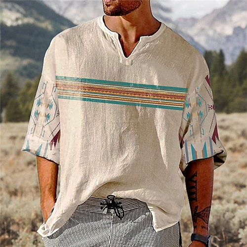 

Men's Unisex T shirt Tee 3D Print Striped Graphic Prints V Neck Street Daily Print Long Sleeve Tops Designer Basic Casual Big and Tall Beige