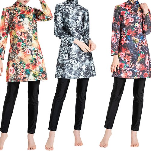 

Women's Burkini Hijab Swimsuit Full Coverage UPF50 Long Sleeve Bathing Suit 3-Piece Modest Swimwear Swimming Beach Water Sports Floral Spring Summer Autumn