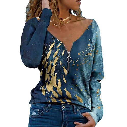 

Mujer Camiseta Negro Rojo Azul Real Flor Retazos Cremallera de un cuarto Manga Larga Casual Fin de semana Básico Escote en Pico Regular S