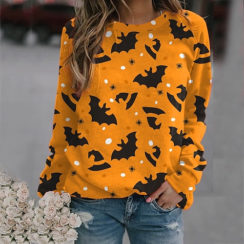 

Women's Sweatshirt Pullover Crew Neck Pumpkin Bat Print Halloween Weekend 3D Print Active Streetwear Clothing Apparel Hoodies Sweatshirts Black Orange