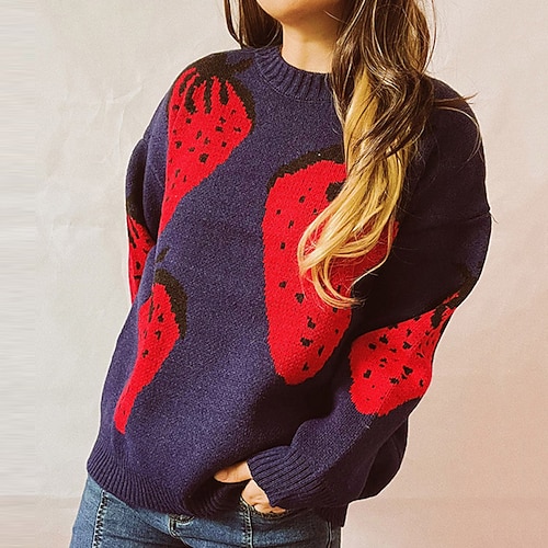 

Women's Pullover Sweater Jumper Ribbed Knit Knitted Fruit Crew Neck Stylish Casual Daily Holiday Fall Winter White Navy Blue S M L / Long Sleeve