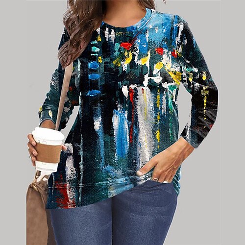 

Women's Plus Size Tops Pullover Sweatshirt Hoodie Sweatshirt Scenery Print Long Sleeve Crewneck Streetwear Daily Vacation Microfiber Fall Winter Blue Royal Blue