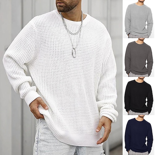 

Men's Sweater Pullover Sweater Jumper Cardigan Sweater Waffle Knit Cropped Knitted Solid Color Crew Neck Basic Stylish Outdoor Daily Clothing Apparel Winter Fall Black Dark Gray S M L