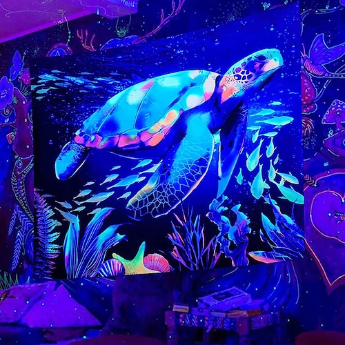 

Psychedelic Sea Turtle Forest Blacklight Uv Reactive Wall Tapestry Art Decor Blanket Curtain Hanging Home Bedroom Decoration Polyester