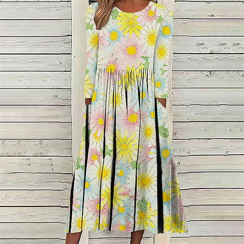 

Women's Casual Dress A Line Dress Midi Dress Green White Black Blue Yellow Light Blue 3/4 Length Sleeve Floral Pocket Print Fall Winter Crew Neck Stylish Casual Modern Loose 2022 S M L XL XXL