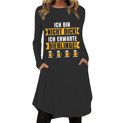 

Mulheres Vestido casual Vestido T shirt Vestido de turno Preto Manga Longa Letra Bolsos Inverno Outono Gola Redonda 2022 S M L XL XXL 3XL