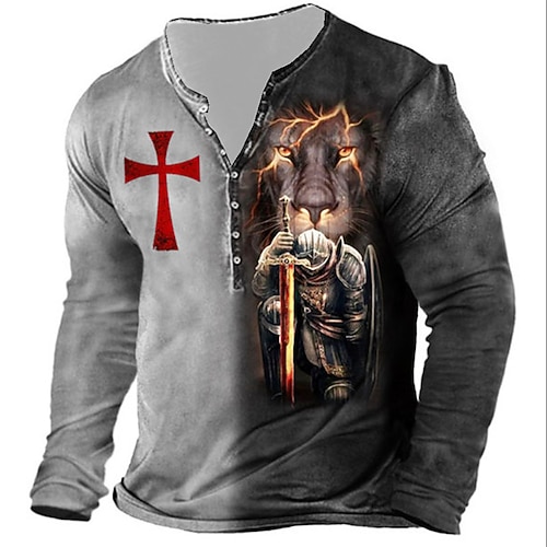 

Men's Henley Shirt Tee T shirt Tee 3D Print Graphic Patterned Lion Plus Size Henley Daily Sports Button-Down Print Long Sleeve Tops Designer Basic Classic Comfortable Gray