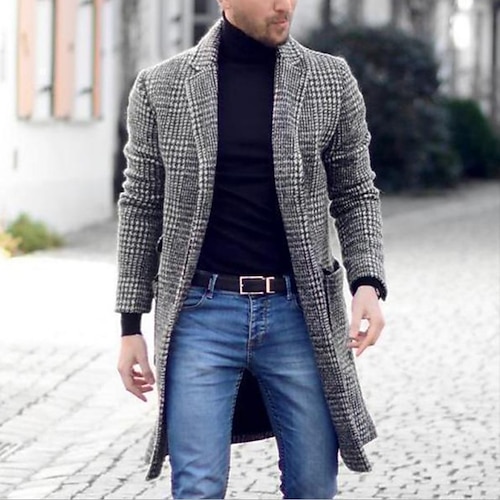 

Men's Classic Style Overcoat Long Regular Fit Checkered Single Breasted One-button Grey 2022 / Winter