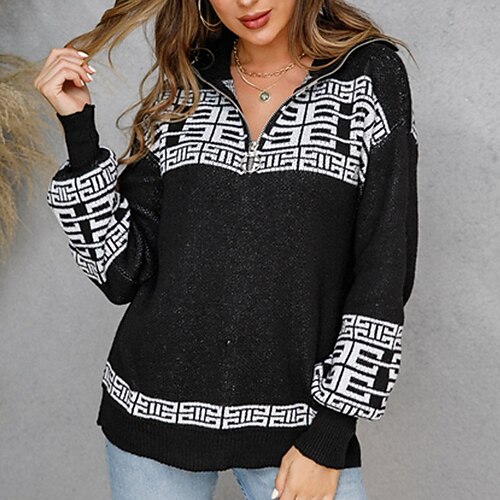 

jersey de mujer jersey de punto acanalado con cremallera cuello de camisa geométrico elegante casual diario salir otoño invierno negro xl