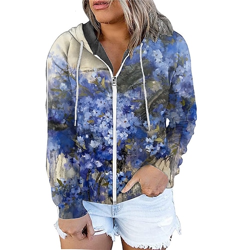 

Women's Plus Size Tops Hoodie Sweatshirt Floral Zipper Print Long Sleeve Hooded Streetwear Daily Vacation Polyester Fall Winter Blue Purple / 3D Print