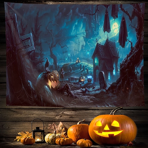 

Halloween Party Wall Tapestry Art Decor Blanket Curtain Hanging Home Bedroom Living Room Decoration Polyester Pumpkin Bat Ghost Castle Witch