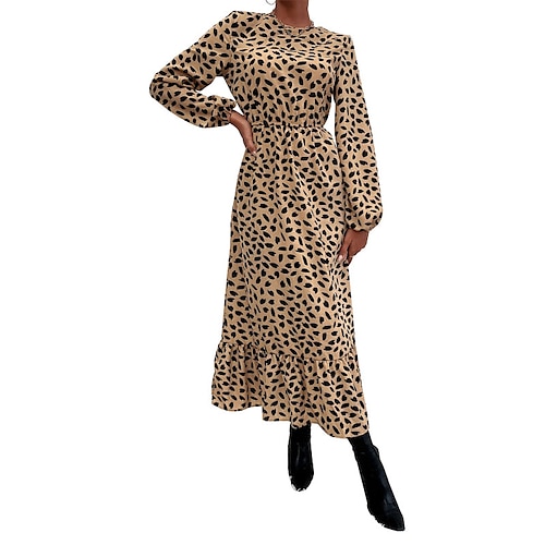 

Women's A Line Dress Maxi long Dress Khaki Long Sleeve Leopard Ruched Lace up Print Fall Winter Round Neck Stylish Boho 2022 S M L XL